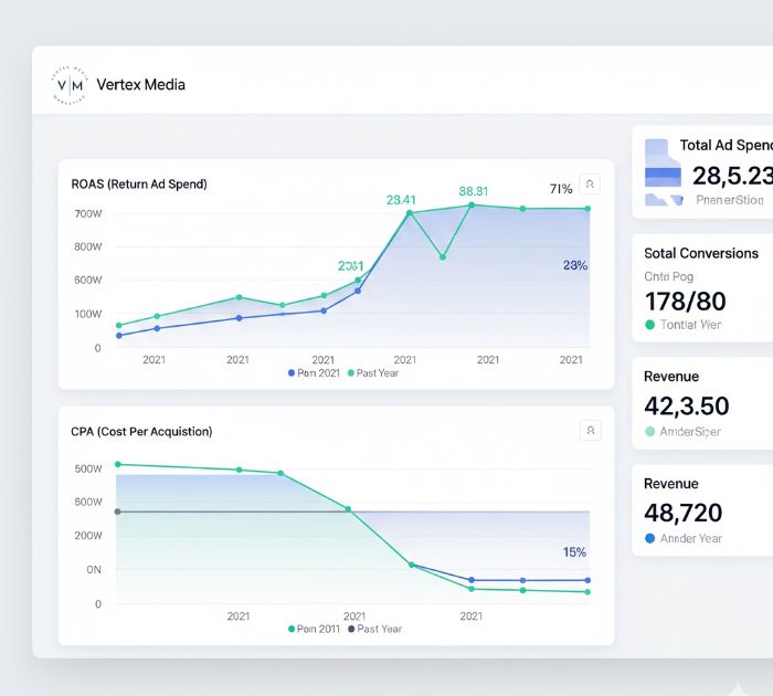 A dashboard showing improved ROAS and CPA metrics after implementing a successful Facebook retargeting strategy with Vertex Media.