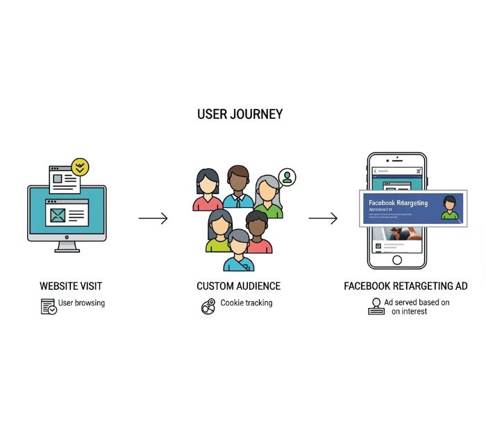A diagram showing the Facebook retargeting strategy funnel, from website visitors to converted customers in the UAE.